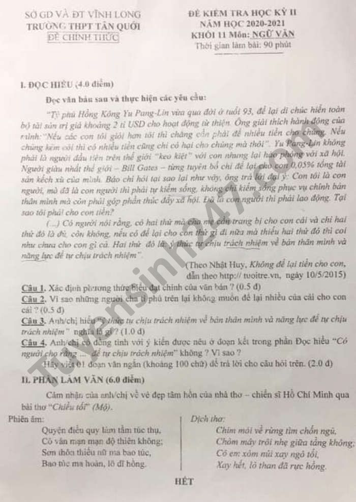 Đề thi học kì 2 môn Văn lớp 11 năm 2021 THPT Tân Quới