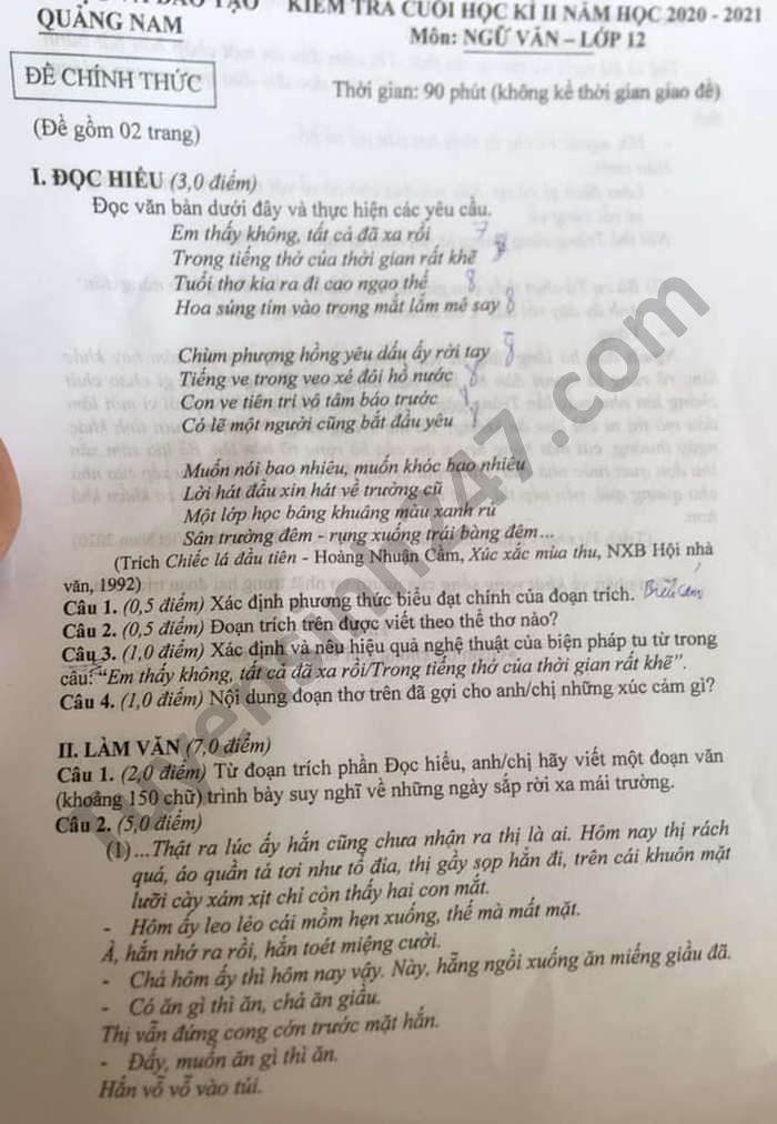 Đề thi học kì 2 môn Văn lớp 12 Sở GD Quảng Nam năm 2021 