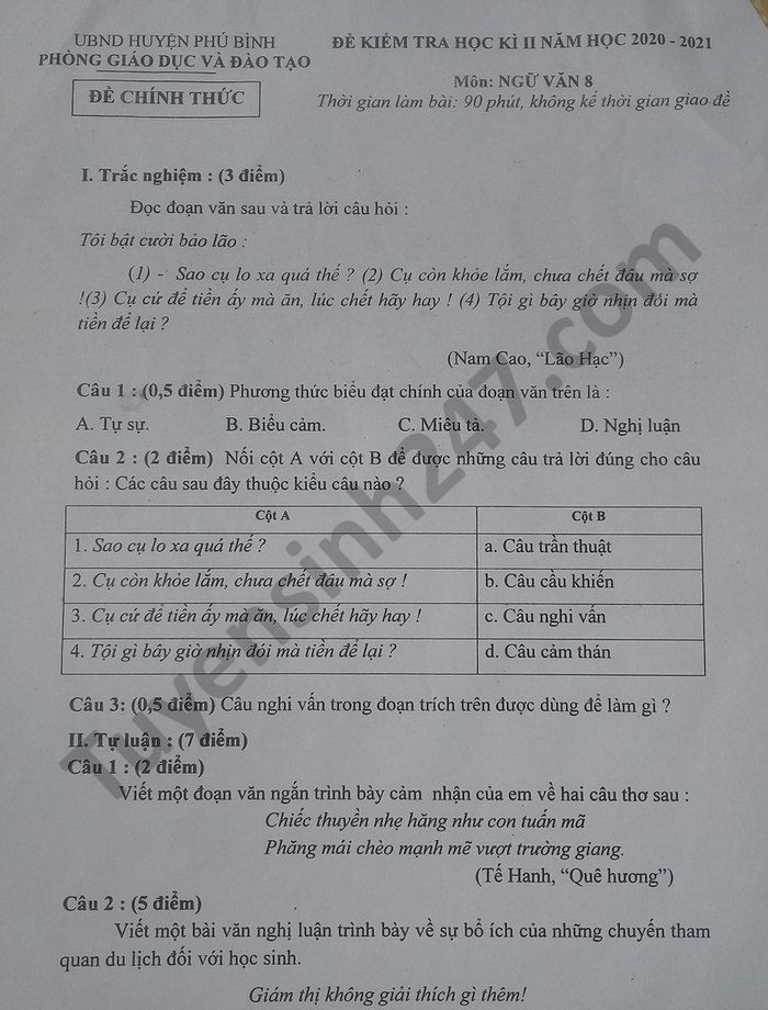 Đề thi học kì 2 năm 2021 Phòng GD Phú Bình môn Văn lớp 8