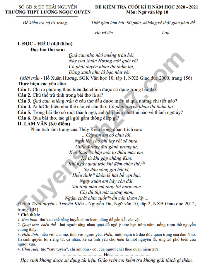 Đề thi học kì 2 môn Văn lớp 10 năm 2021 THPT Lương Ngọc Quyến