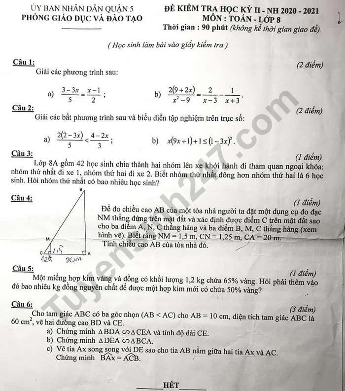 Đề thi kì 2 năm 2021 lớp 8 môn Toán - Quận 5