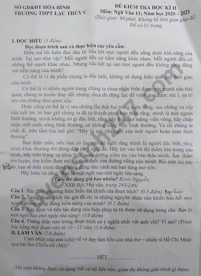 Đề thi học kì 2 THPT Lạc Thủy C năm 2021 môn Văn lớp 11 