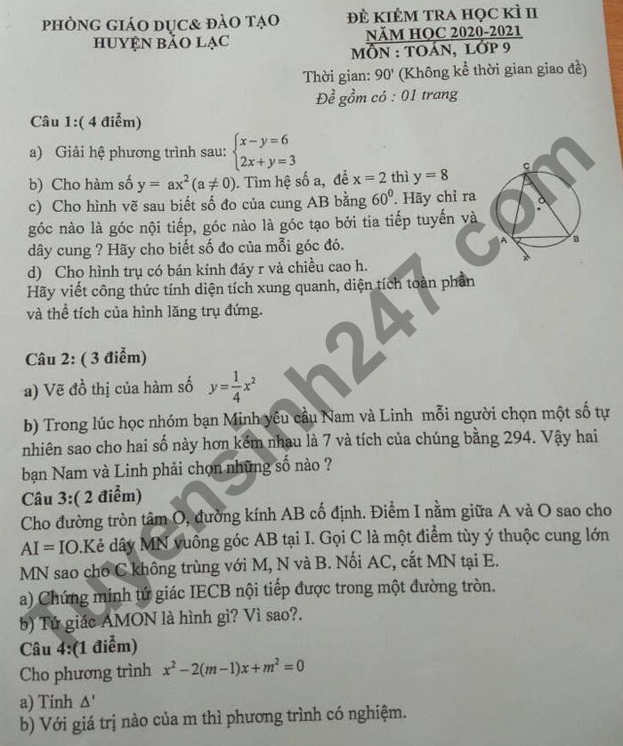 Đề thi học kì 2 Toán lớp 9 - huyện Bảo Lạc 2021