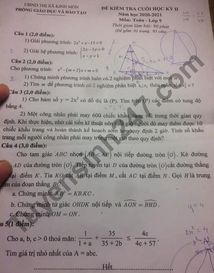 Đề thi học kì 2 môn Toán lớp 9 - TX Kinh Môn 2021