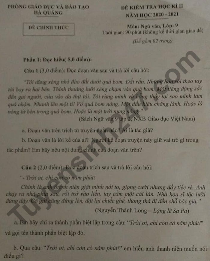 Đề thi kì 2 năm 2021 môn Văn lớp 9 - Phòng GD Hà Quảng