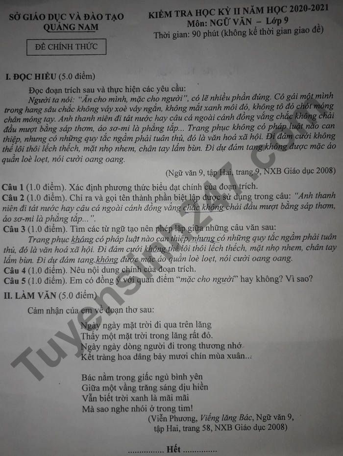 Đề thi học kì 2 môn Văn lớp 9 - Sở GD Quảng Nam 2021