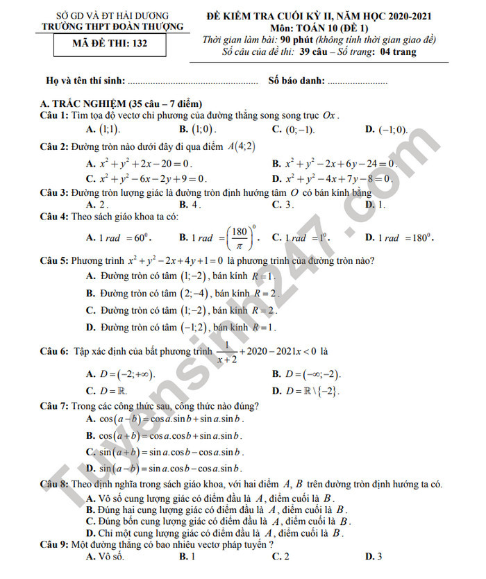 Đề thi học kì 2 năm 2021 THPT Đoàn Thượng môn Toán lớp 10