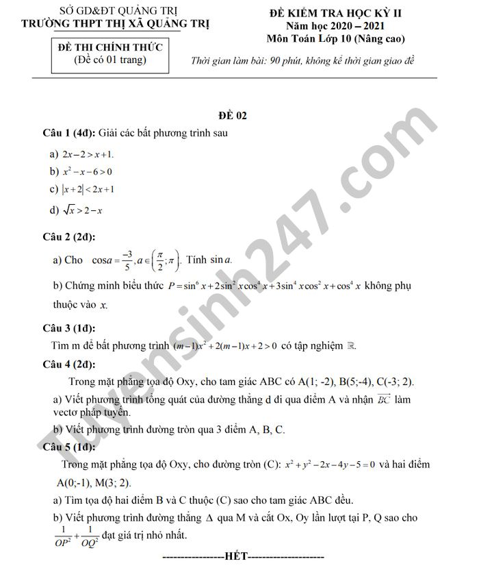 Đề thi học kì 2 năm 2021 môn Toán lớp 10 Phòng GD TX Quảng Trị