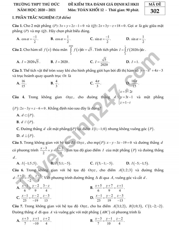 Đề thi học kì 2 môn Toán lớp 12 THPT Thủ Đức năm 2021