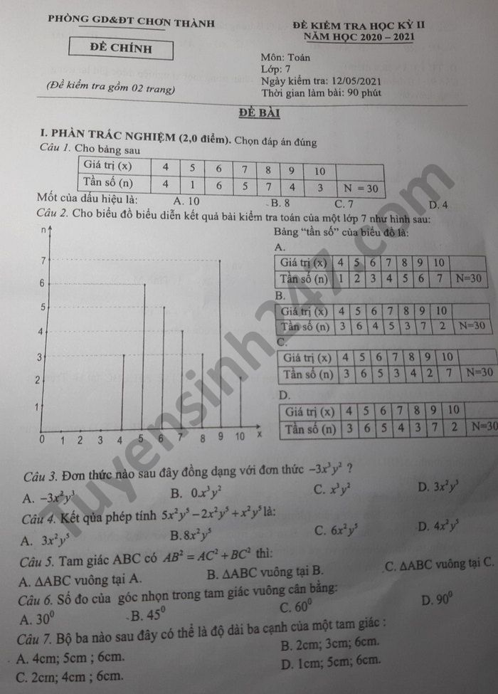 Đề thi học kì 2 môn Toán lớp 7 Phòng GD Chơn Thành năm 2021