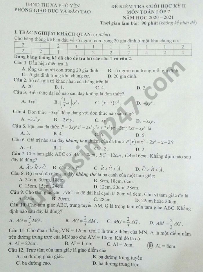 Đề thi học kì 2 môn Toán lớp 7 năm 2021 Phòng GD Phổ Yên