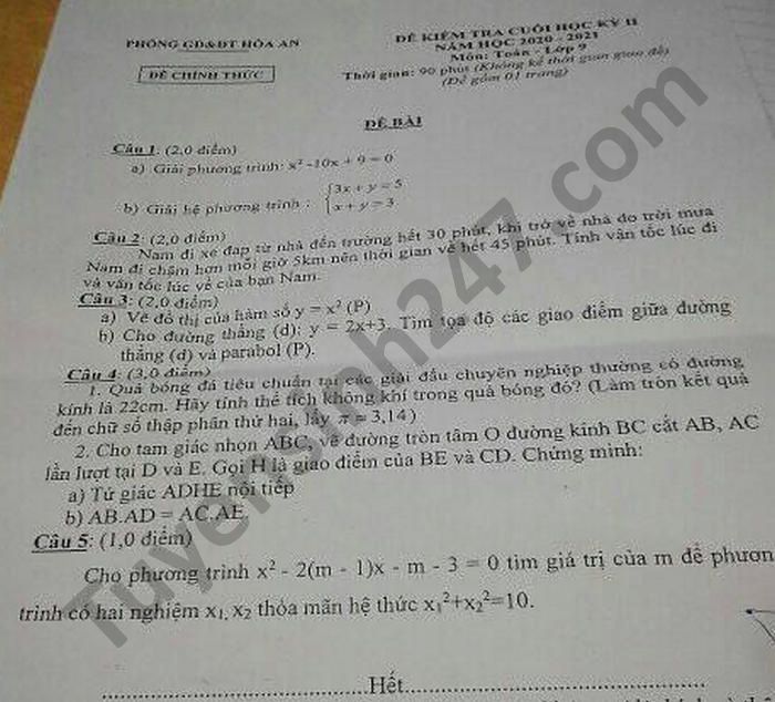 Đề thi học kì 2 Phòng GD Hòa An năm 2021 môn Toán lớp 9