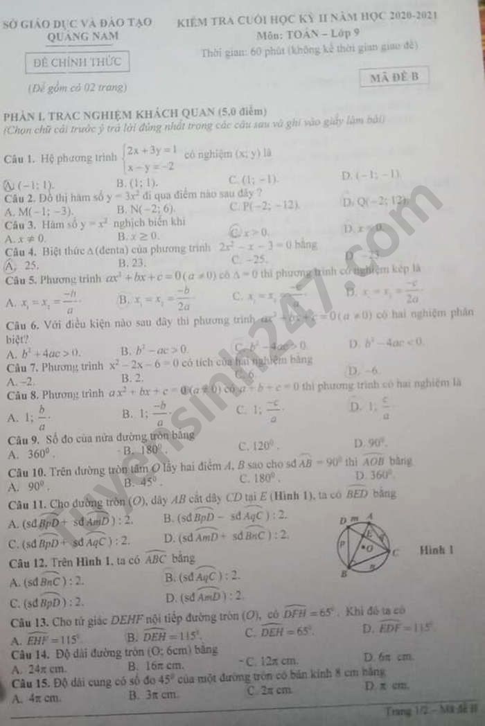 Đề thi học kì 2 năm 2021 Sở GD Quảng Nam môn Toán lớp 9