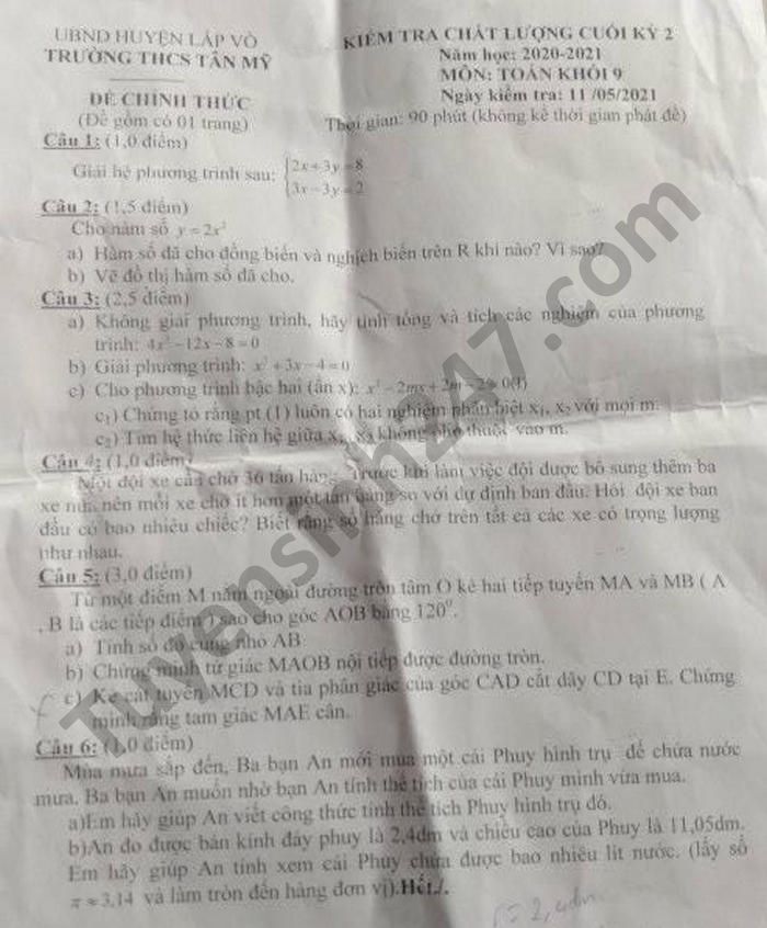 Đề thi học kì 2 năm 2021 môn Toán lớp 9 THCS Tân Mỹ