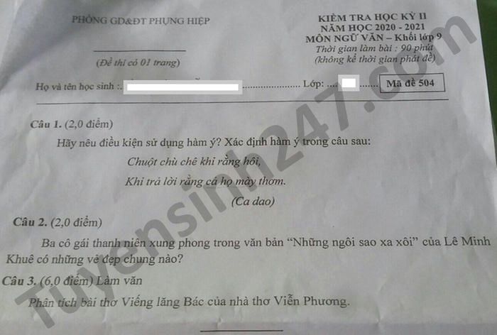 Đề thi học kì 2 môn Văn lớp 9 năm 2021 Phòng GD Phụng Hiệp