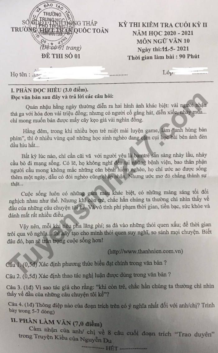 Đề thi kì 2 lớp 10 môn Văn 2021 - THPT Trần Quốc Toản