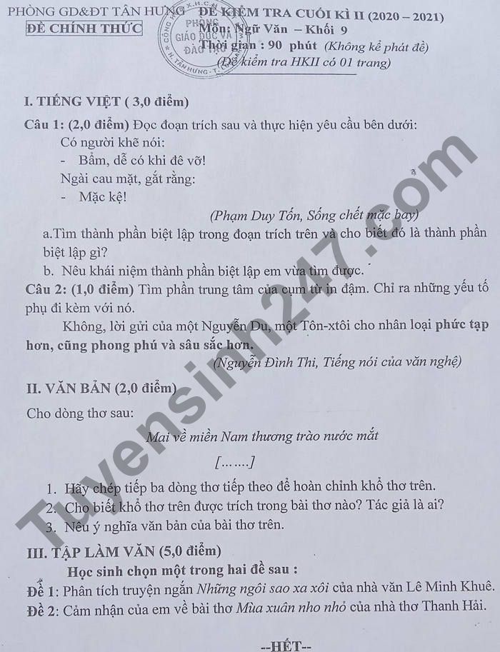 Đề thi học kì 2 môn Văn lớp 9 - Phòng GD Tân Hưng 2021