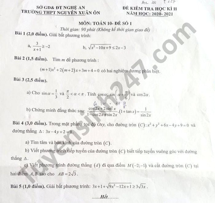 Đề thi học kì 2 môn Toán lớp 10 THPT Nguyễn Xuân Ôn năm 2021