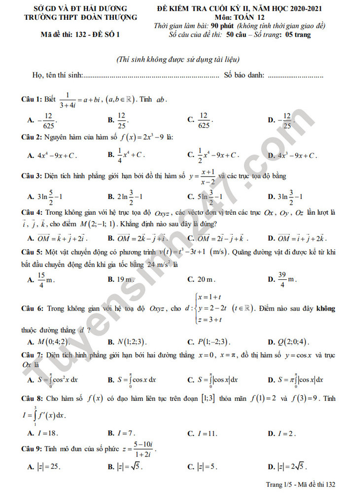 Đề thi học kì 2 năm 2021 THPT Đoàn Thượng môn Toán lớp 12 