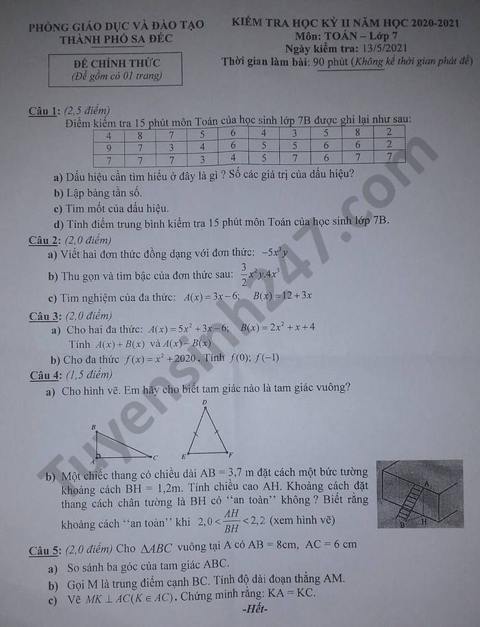 Đề thi học kì 2 năm 2021 Phòng GD TP Sa Đéc môn Toán lớp 7 