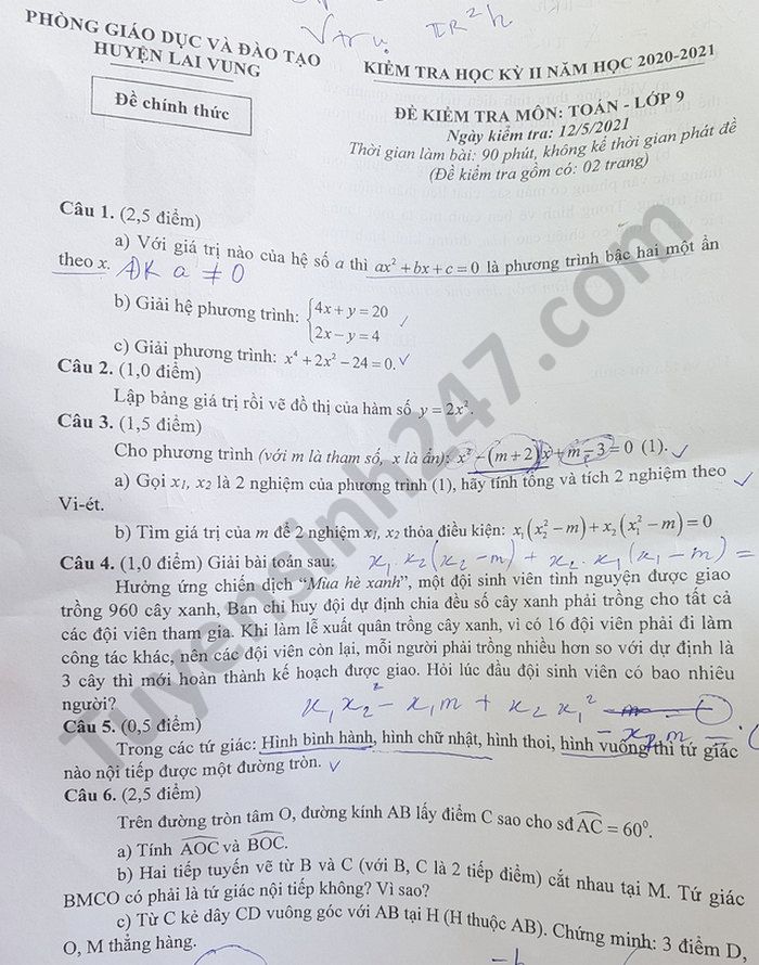 Đề thi học kì 2 môn Toán lớp 9 năm 2021 Huyện Lai Vung