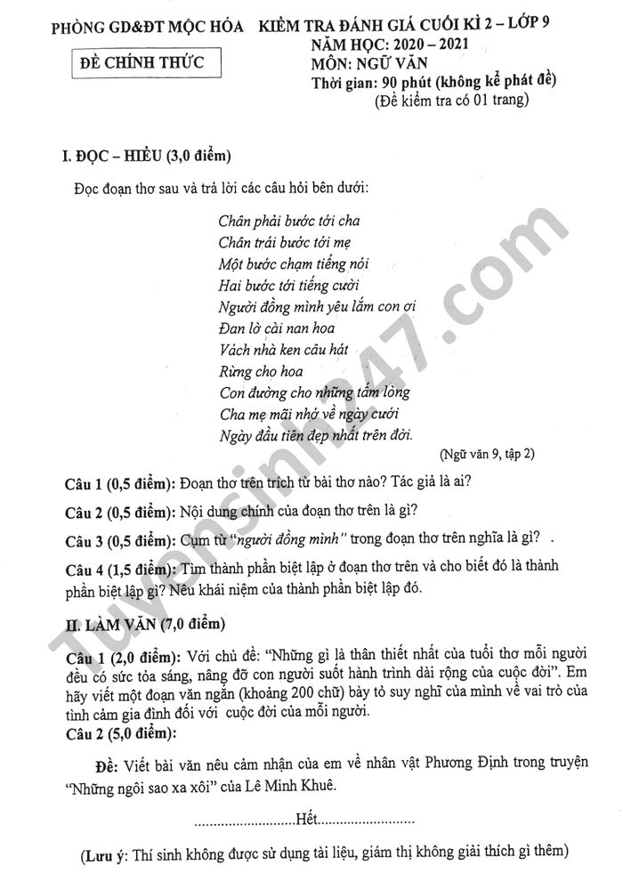 Đề thi học kì 2 Phòng GD Mộc Hóa năm 2021 môn Văn lớp 9 