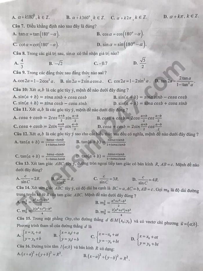 Đề thi học kì 2 THPT Thông Huề môn Toán lớp 10 năm 2021 