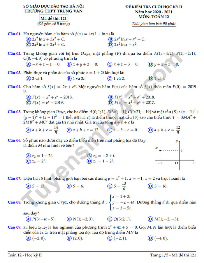 Đề thi học kì 2 năm 2021 môn Toán lớp 12 THPT Trung Văn