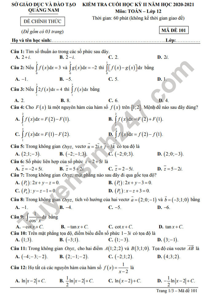Đề thi học kì 2 Sở GD Quảng Nam năm 2021 môn Toán lớp 12 