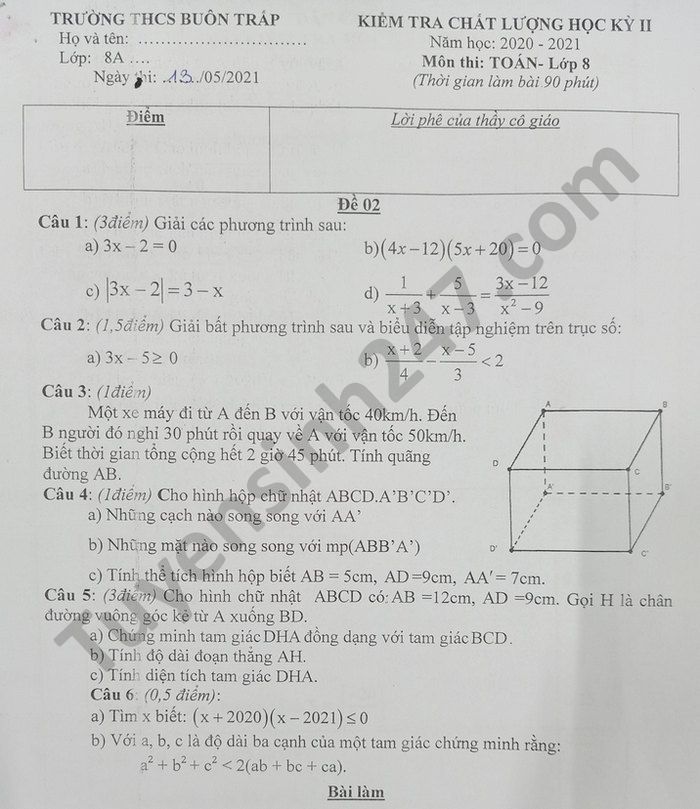 Đề thi học kì 2 môn Toán lớp 8 THCS Buôn Trấp năm 2021 - có đáp án