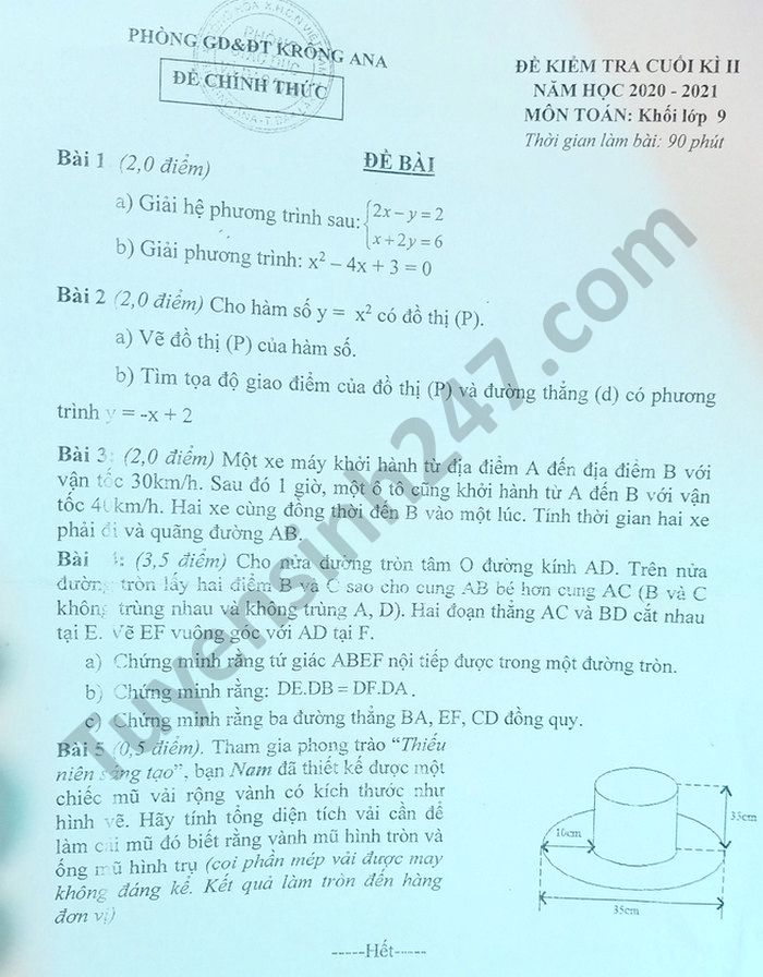Đề thi học kì 2 năm 2021 Toán lớp 9 Phòng GD Krông Ana - có đáp án