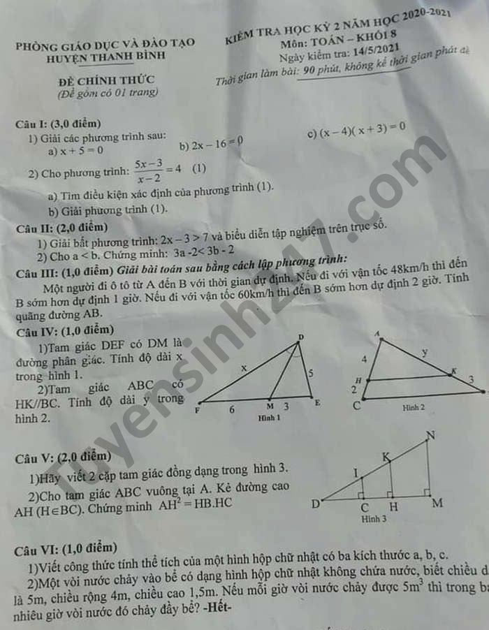 Đề thi học kì 2 môn Toán lớp 8 Phòng GD Thanh Bình năm 2021 