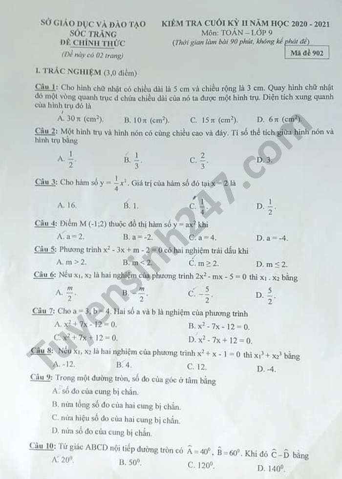 Đề thi học kì 2 năm 2021 Sở GD Sóc Trăng môn Toán lớp 9 