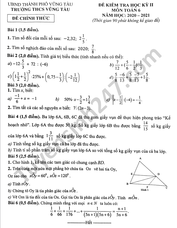 Đề thi học kì 2 THCS Vũng Tàu năm 2021 môn Toán lớp 6