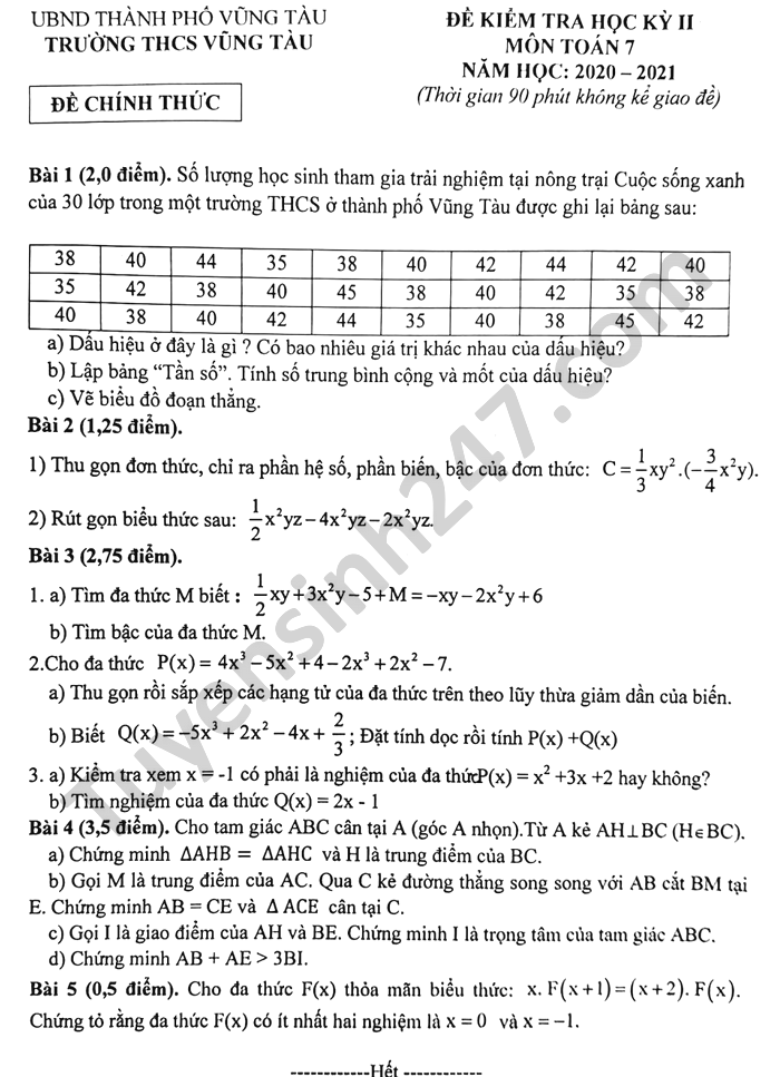 Đề thi học kì 2 môn Toán lớp 7 THCS Vũng Tàu năm 2021