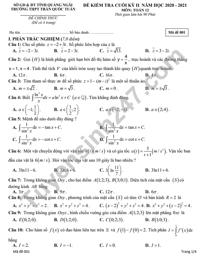 Đề thi học kì 2 THPT Trần Quốc Tuấn năm 2021 môn Toán lớp 12