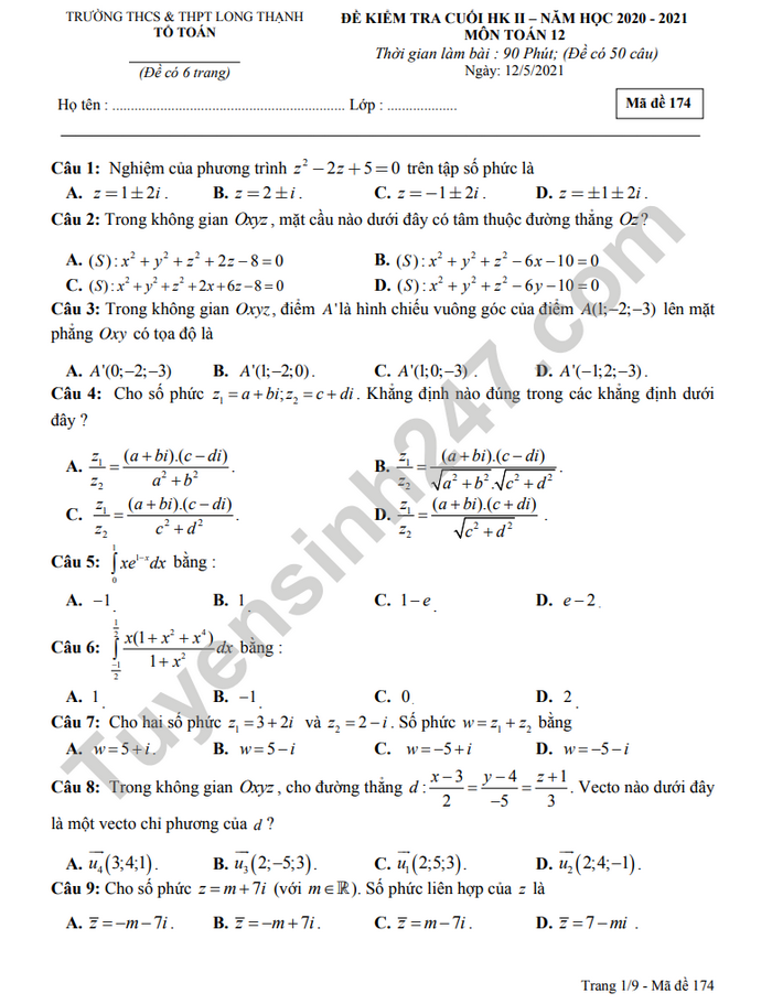 Đề thi học kì 2 môn Toán lớp 12 THCS-THPT Long Thạnh năm 2021 