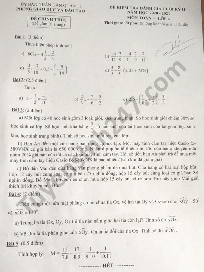 Đề thi học kì 2 năm 2021 Phòng GD Quận 11 môn Toán lớp 6 