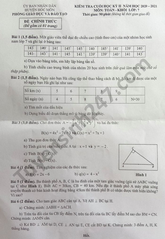 Đề thi học kì 2 môn Toán lớp 7 năm 2021 Phòng GD Hóc Môn