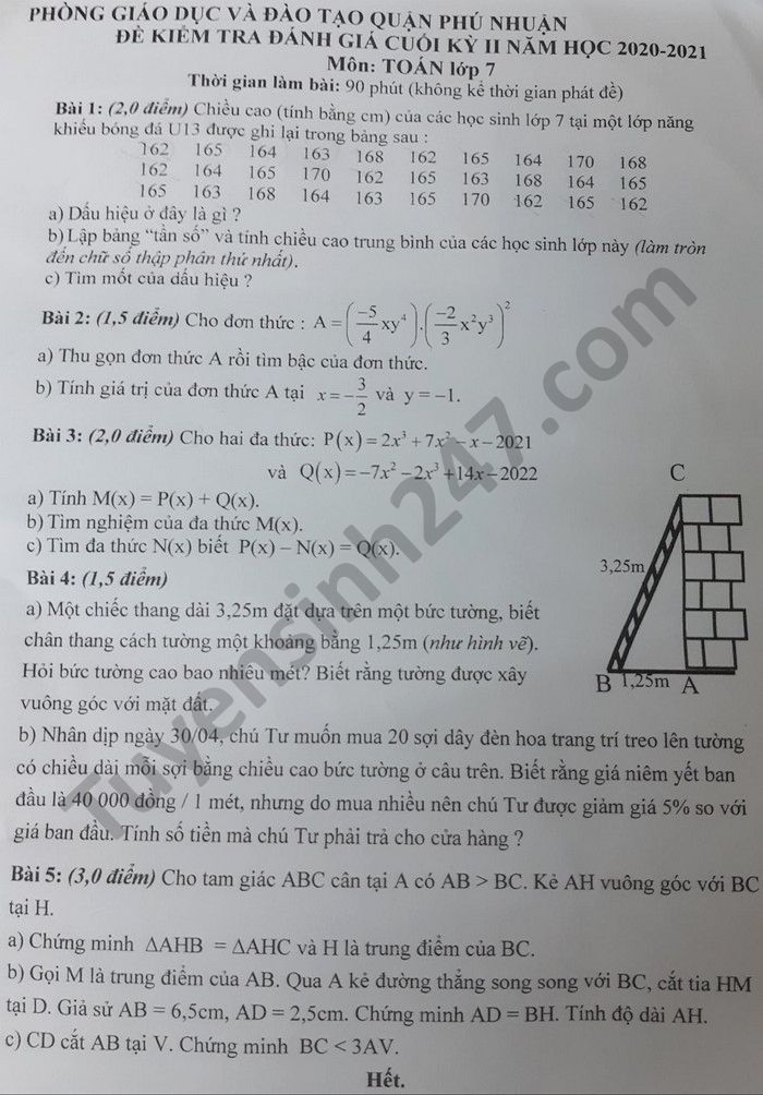 Đề thi học kì 2 năm 2021 Phòng GD Quận Phú Nhuận môn Toán lớp 7 