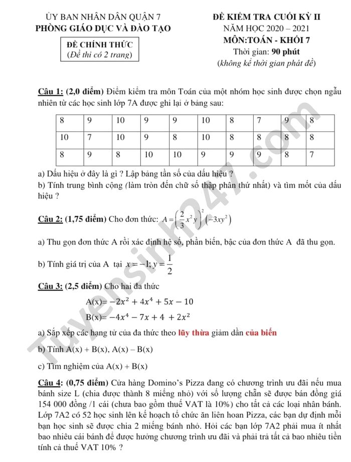 Đề thi học kì 2 môn Toán lớp 7 Phòng GD Quận 7 năm 2021