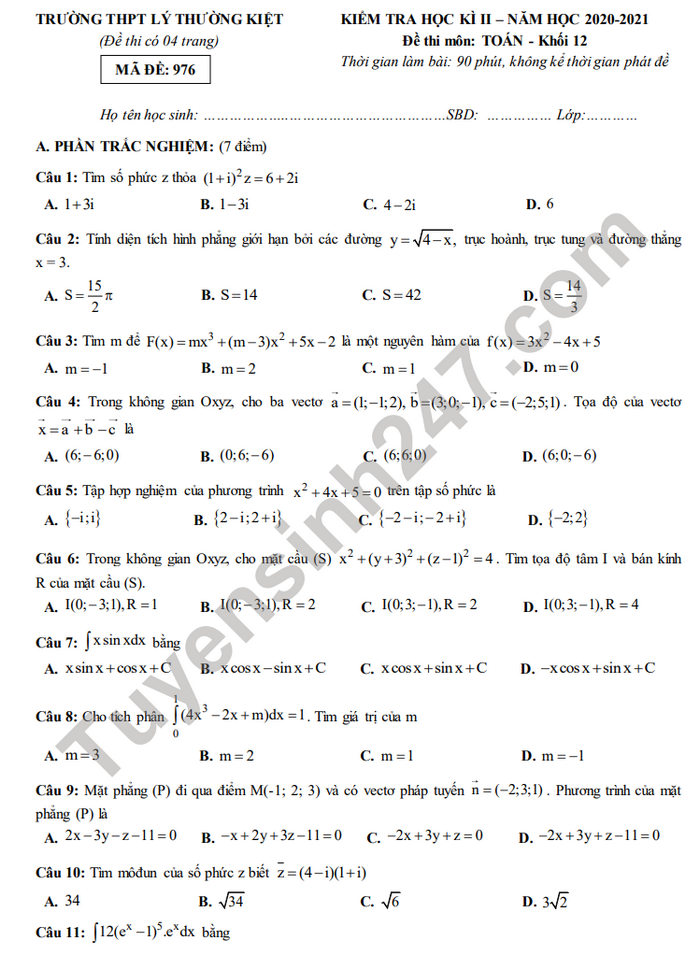 Đề thi học kì 2 THPT Lý Thường Kiệt môn Toán lớp 12 năm 2021