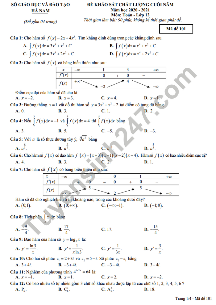 Đề thi học kì 2 năm 2021 môn Toán lớp 12 Sở GD Hà Nam
