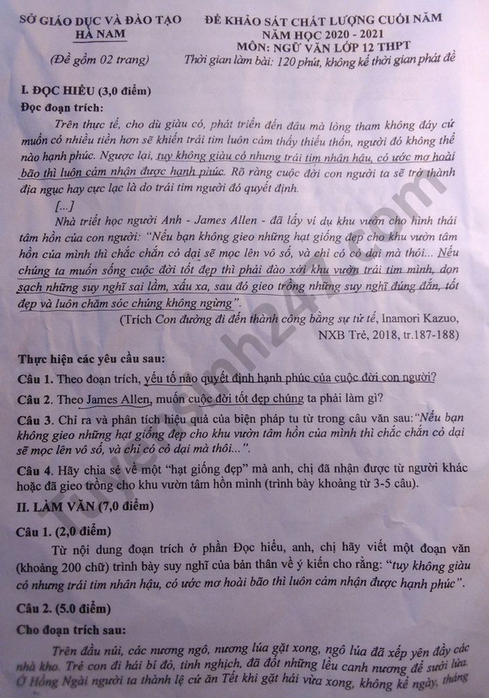 Đề thi học kì 2 Sở GD Hà Nam năm 2021 môn Văn lớp 12