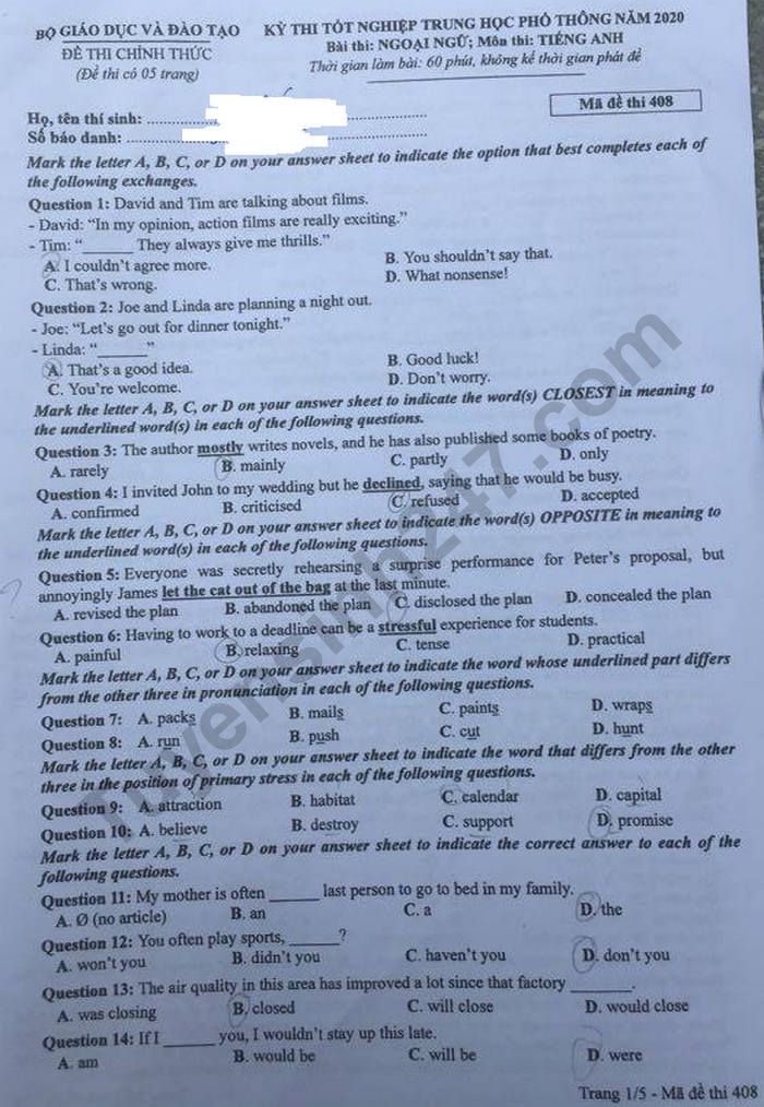 Đáp án đề thi Tốt nghiệp THPT năm 2020 mã đề 408 môn Anh