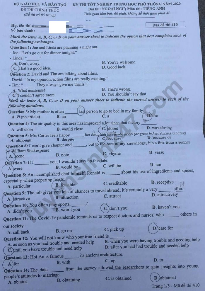 Đáp án đề thi Tốt nghiệp THPT môn Anh năm 2020 - mã đề 410