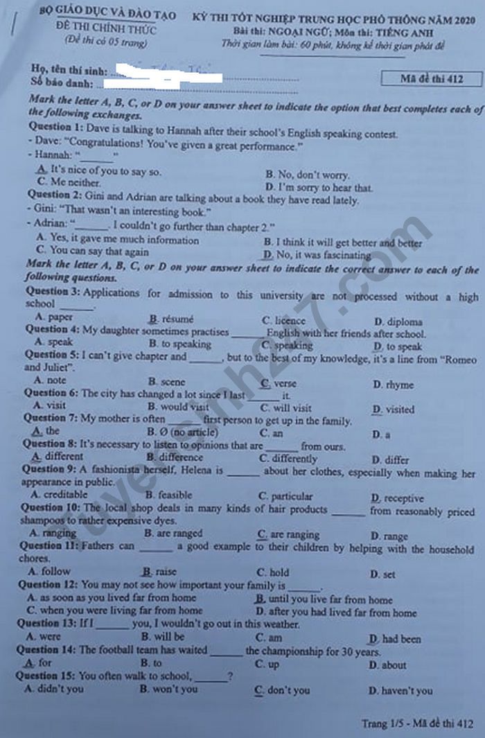  Đáp án đề thi Tốt nghiệp THPT mã đề 412 môn Anh năm 2020