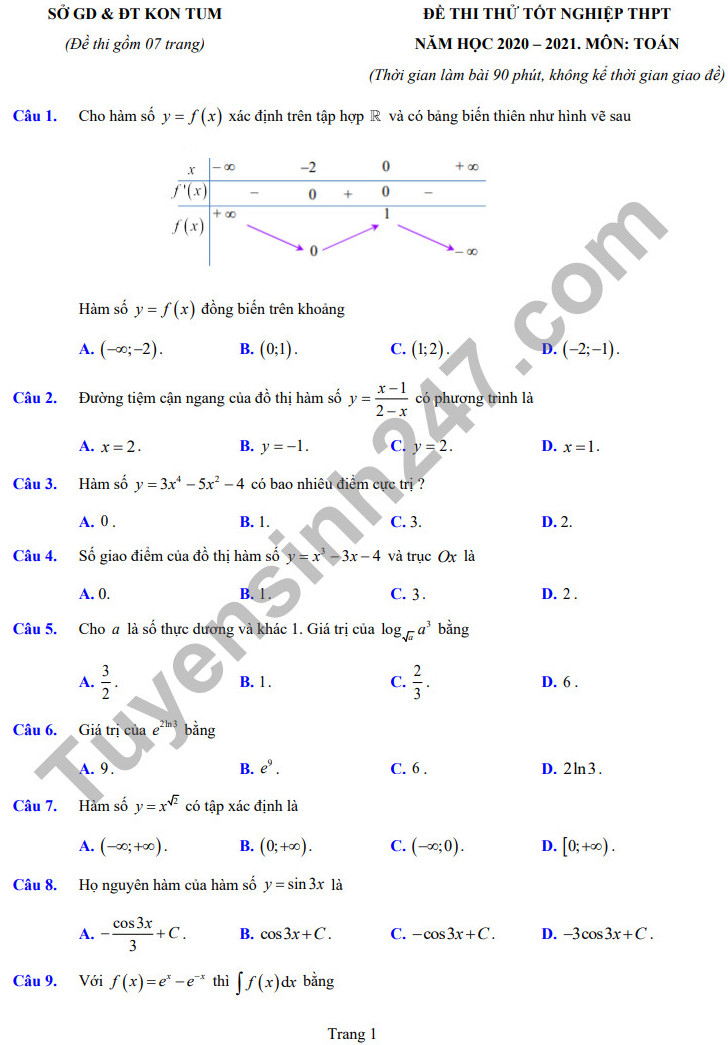 Đề thi thử tốt nghiệp THPT năm 2021 môn Toán tỉnh Kon Tum - có đáp án