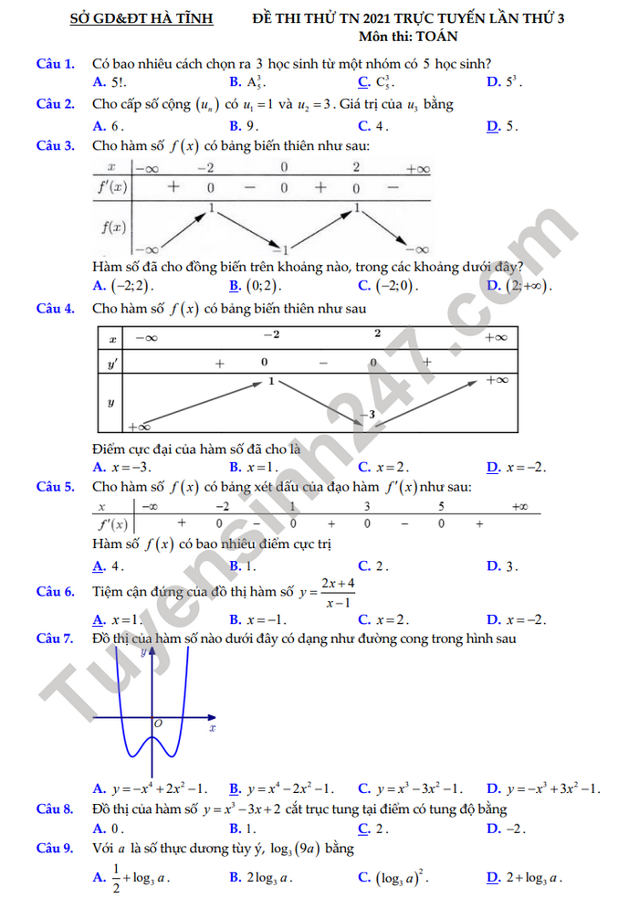 Đề thi thử tốt nghiệp THPT năm 2021 lần 3 tỉnh Hà Tĩnh môn Toán-có đáp án 
