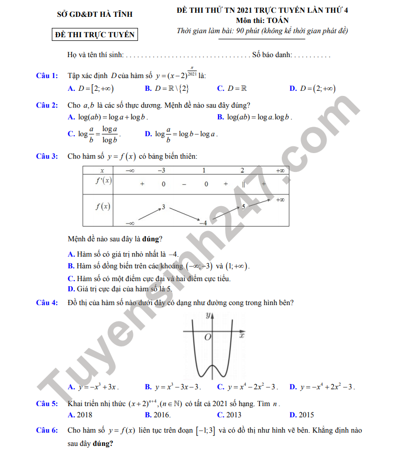 Đề thi thử tốt nghiệp THPT năm 2021 lần 4 tỉnh Hà Tĩnh môn Toán-có đáp án